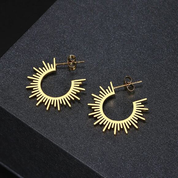 18K Gold Plated Sun C-shape Earrings - Picture 3 of 9